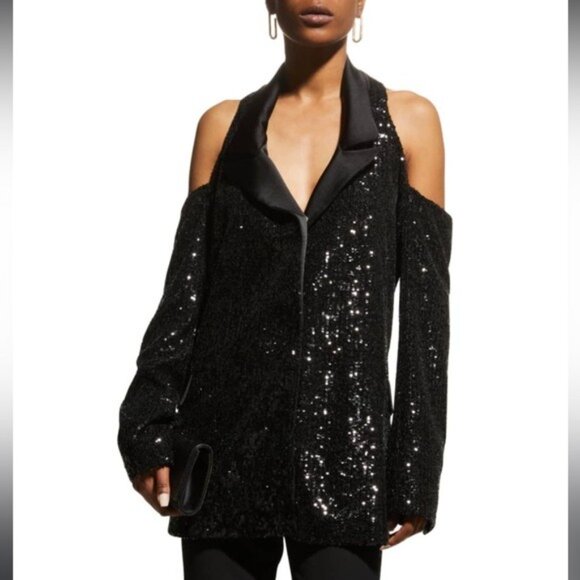 IN THE MOOD FOR LOVE Laurent Sequined Open-Shoulder Jacket in Black - Picture 2 of 4